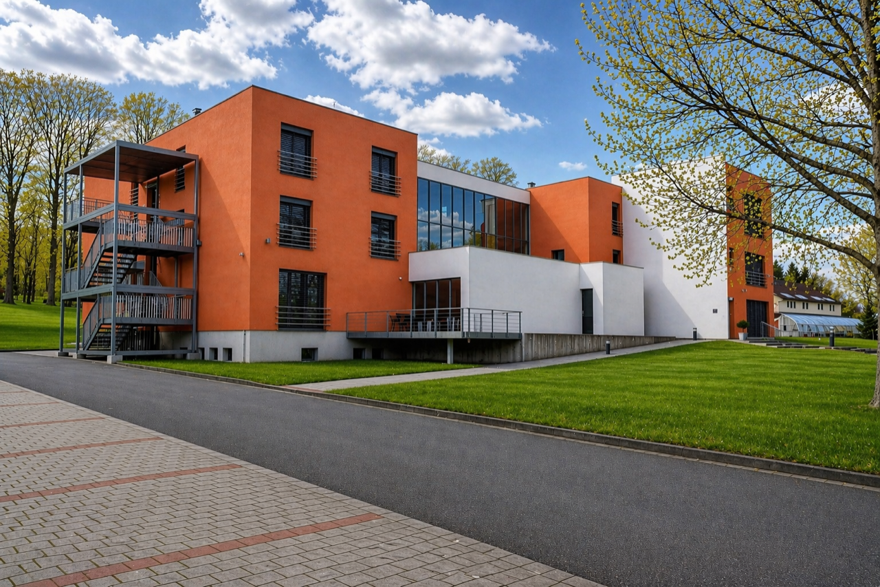 Boční pohled na budovu s balkony a zahradou